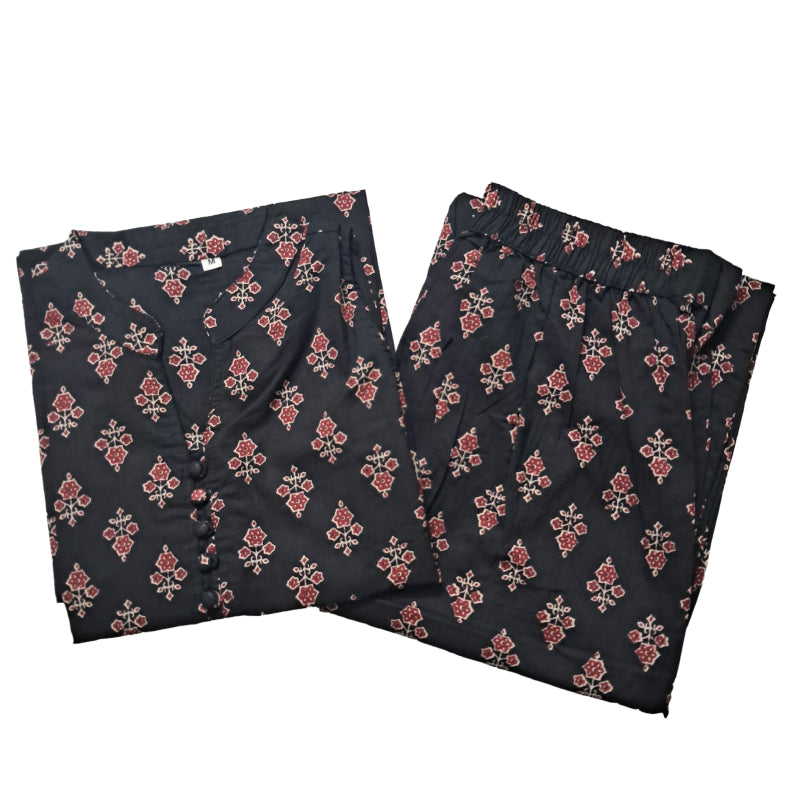 Women Short kurti with pant | A-Line cut | Small Maroon with sandal flowers in Black | SLCOORD