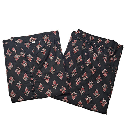 Women Short kurti with pant | A-Line cut | Small Maroon with sandal flowers in Black | SLCOORD
