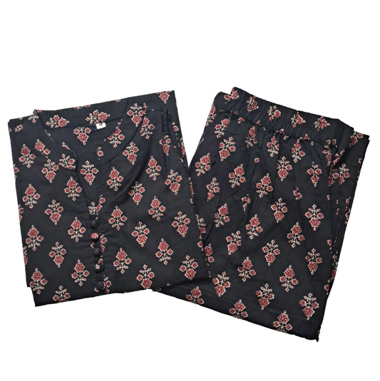 Women Short kurti with pant | A-Line cut | Small Maroon with sandal flowers in Black | SLCOORD
