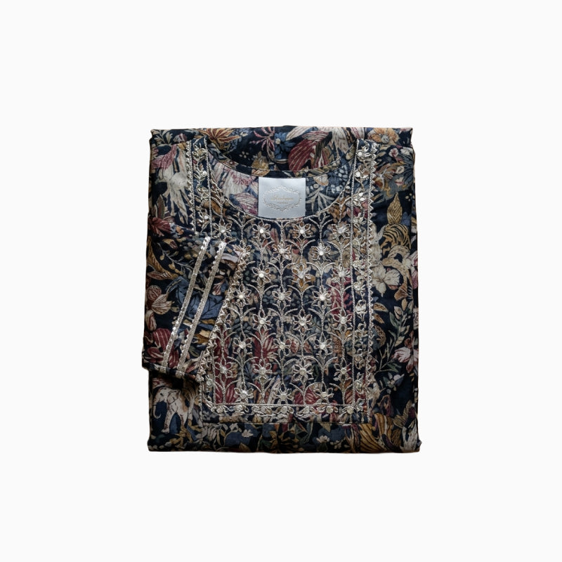 Women Anarkali | Black forest print with leaves