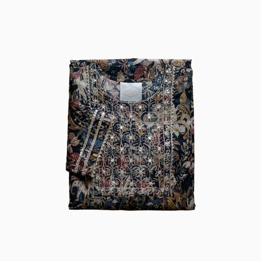Women Anarkali | Black forest print with leaves