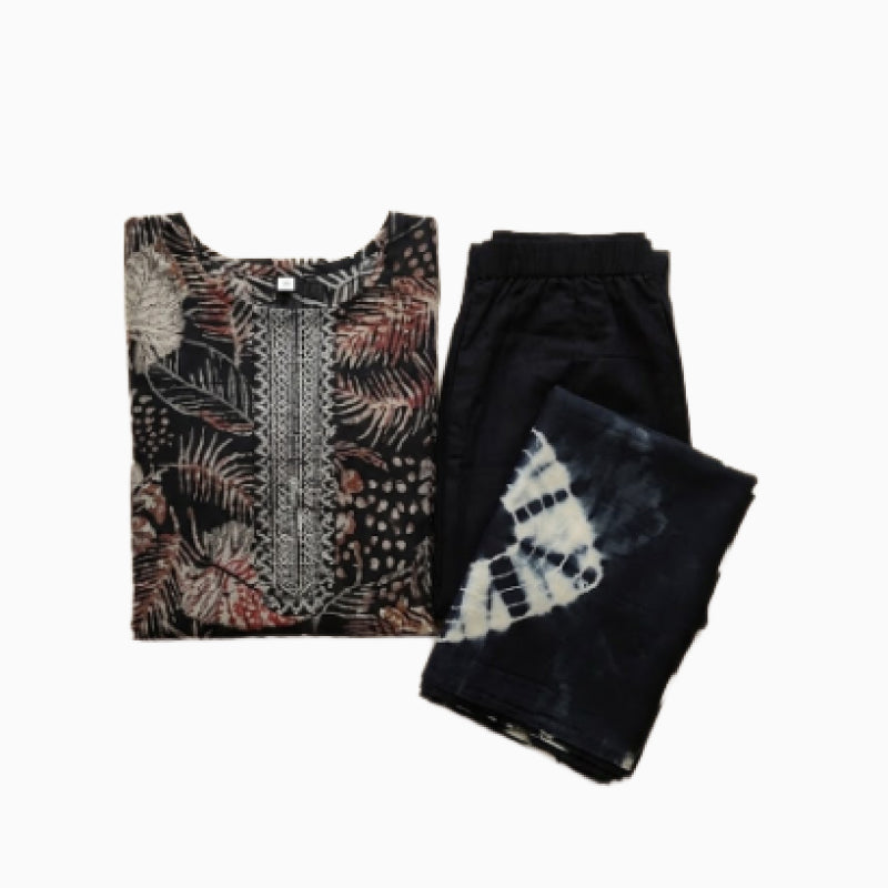 Women kurti with pant and dupatta | Straight cut | Black leafy printed set