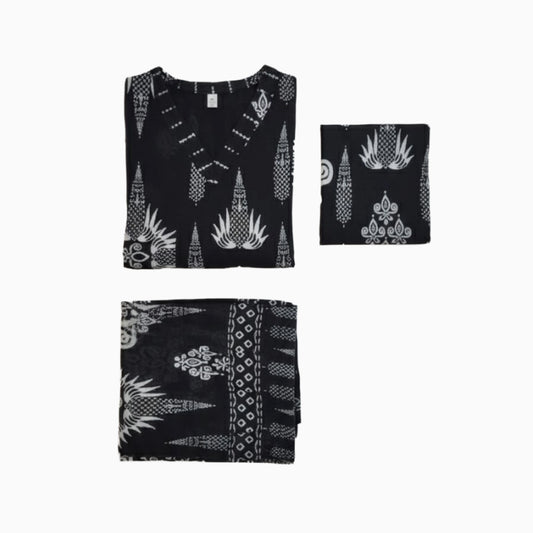 Women kurti with pant and dupatta | Straight cut|Black printed V neck sets