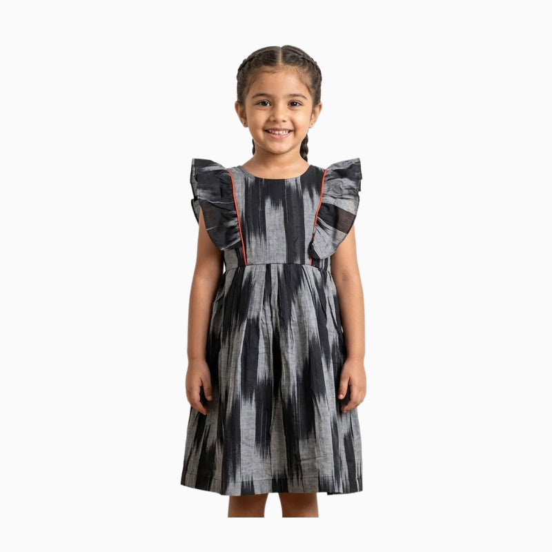 Cotton Ikkat Frocks | Black with grey and orange piping