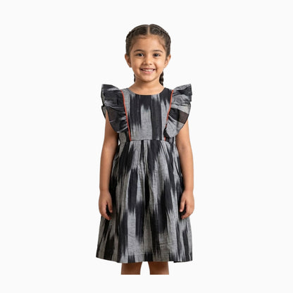 Cotton Ikkat Frocks | Black with grey and orange piping
