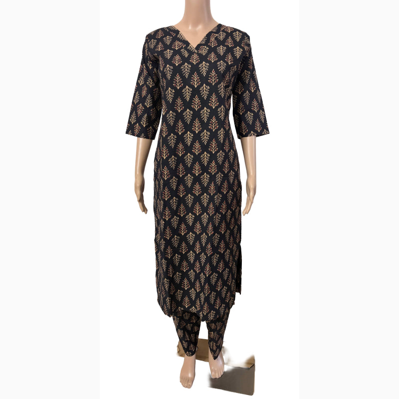 Women Co-Ord kurti with pant (Top with lining) | Black Leafy Print