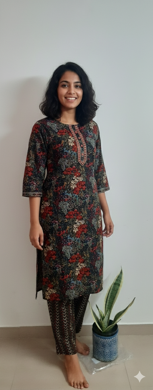 Women kurti with pant | Straight cut | Black with multicolor prints