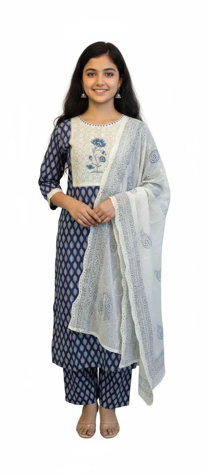Women kurti with pant and dupatta | Straight cut | Blue block print with hakoba neck pattern