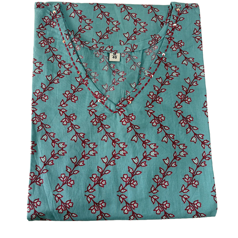 Women's Cotton Short Kurti | Blue base with florals on zigzag