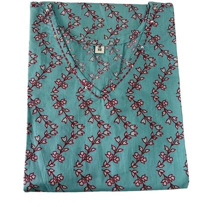 Women's Cotton Short Kurti | Blue base with florals on zigzag