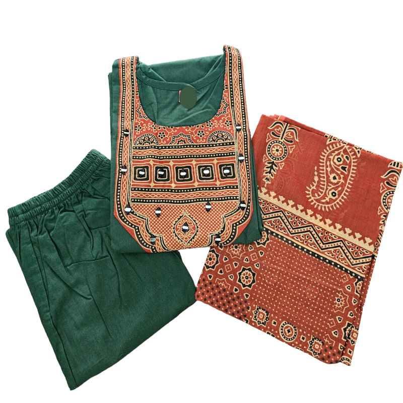 Women kurti with pant and dupatta |Bottle Green Ajrakh sets | Dabuset
