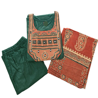 Women kurti with pant and dupatta |Bottle Green Ajrakh sets | Dabuset
