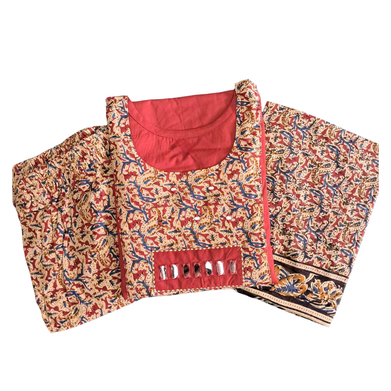 Women kurti with pant and dupatta |Brick orange kalamkaari sets | Dabuset