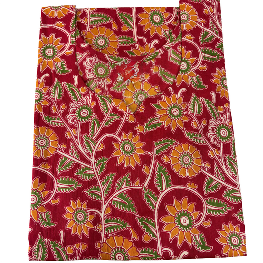 Women's Cotton Short Kurti | Brick red with florals leaves