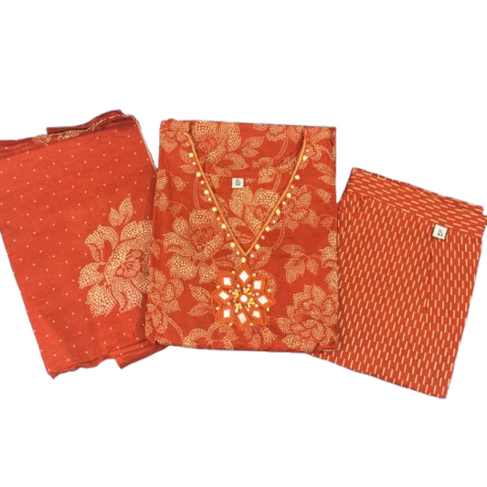 Women kurti with pant and dupatta | Straight cut | Brick orange with dotted flowers l Cottonlove
