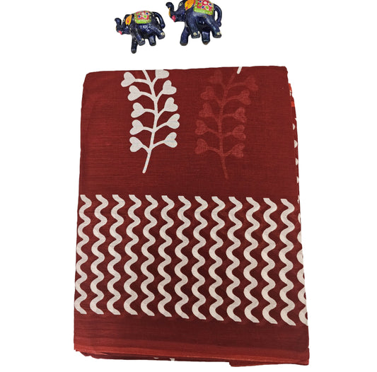 Mul Mul Cotton Saree | Brick with White pattern