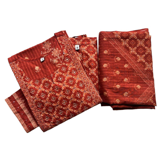Women kurti with pant and dupatta | Straight cut | Brick with yoke zari work