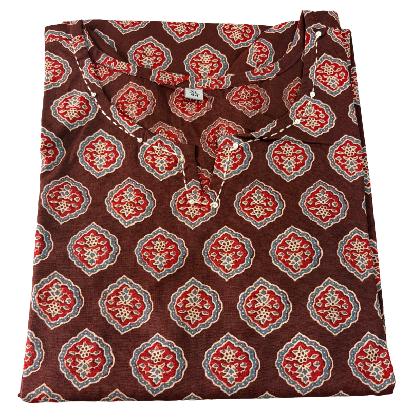 Women's Cotton Short Kurti | Brown base with block prints