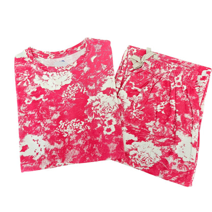Women Co-ord Tshirt Pant set |Carrot pink and cream patches