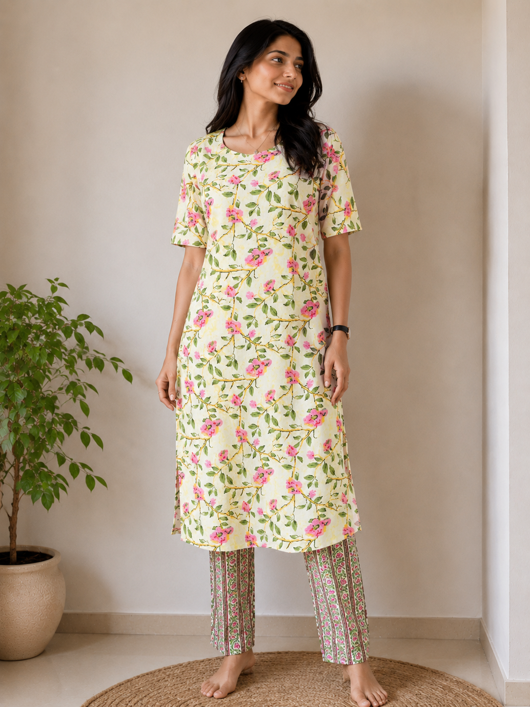 Women kurti with pant | Pure cotton Yellow Floral kurti with Lining | CUSTOMSET