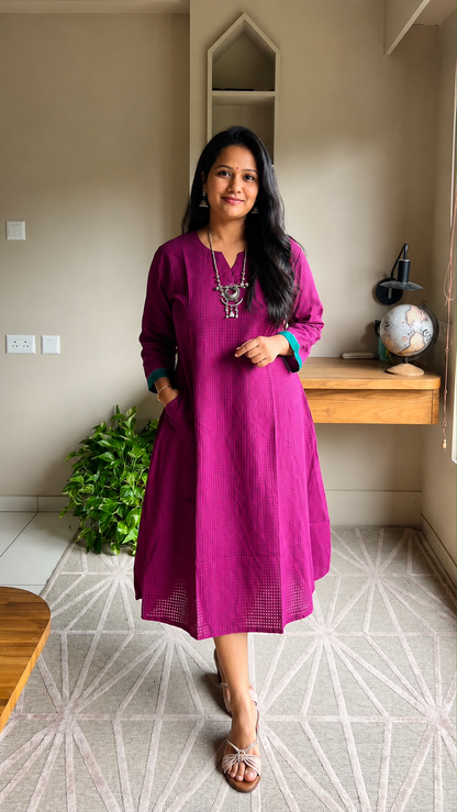 Women Kurti | Aline cut Majenta with light pinkish check patterns | only kurti top | MADRASCHECKS