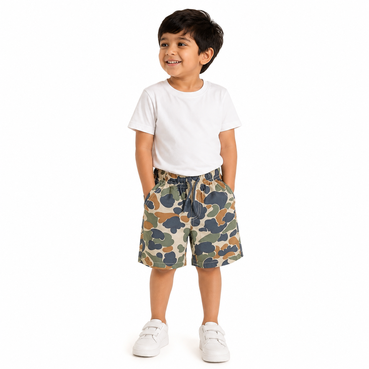 Woven Shorts with pockets and tie knots |Army print