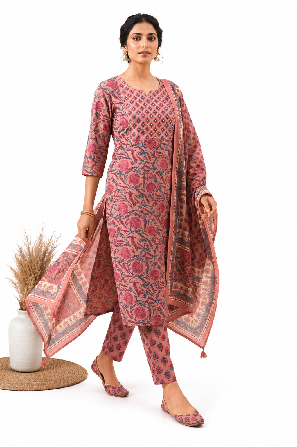 Women kurti with pant and dupatta | Straight cut | Pinkish with small floral prints