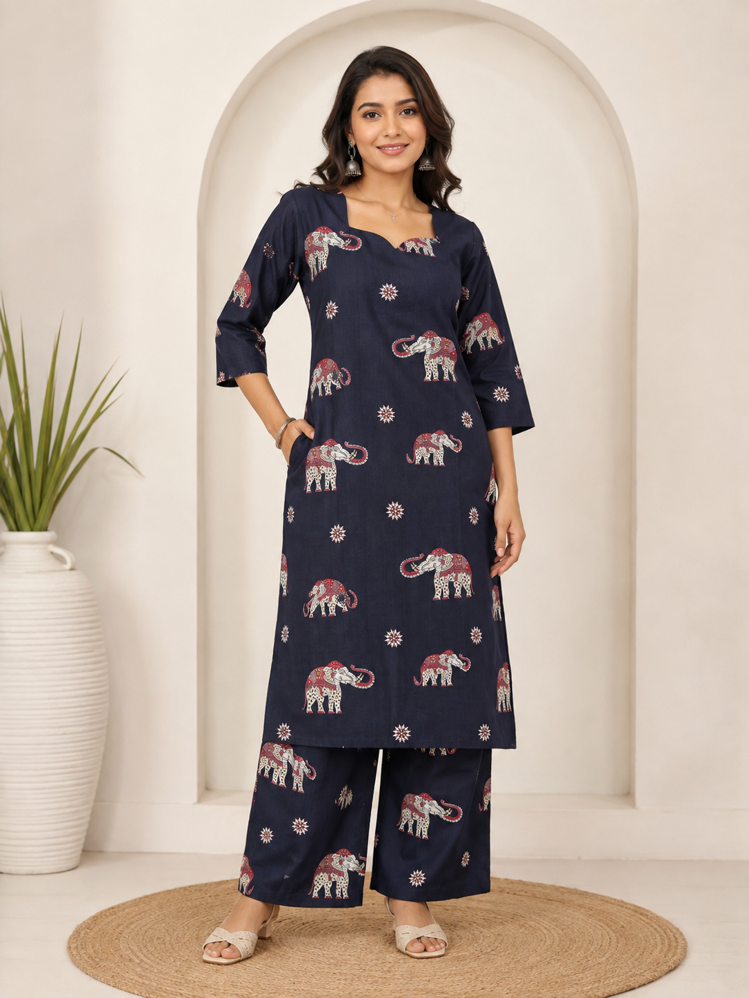 Elephant Print premium shining flex cotton kurti palazzo co-ord set