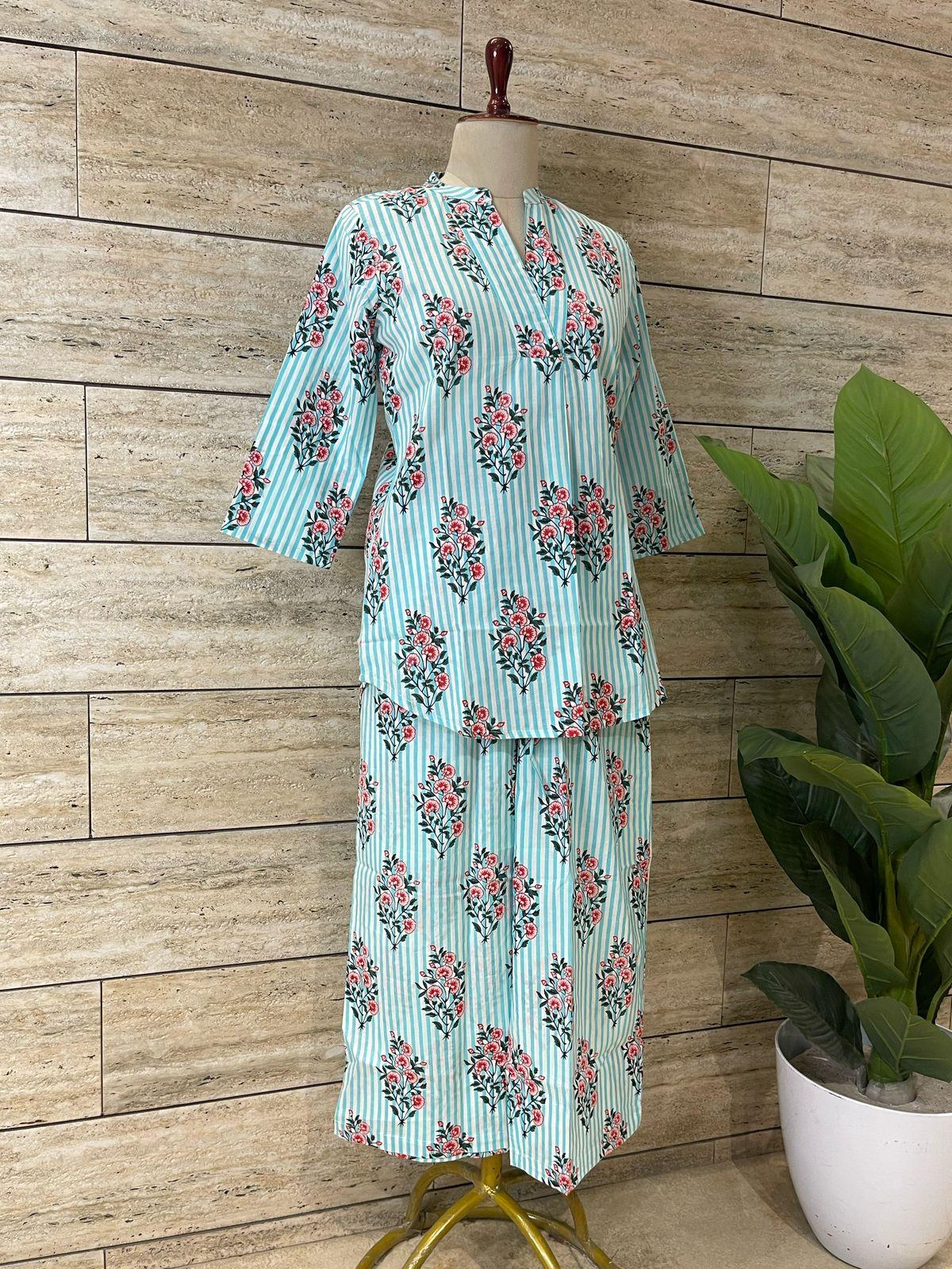 Women short kurti with pant | Apple cut | Turquoise blue Co-ord night suit