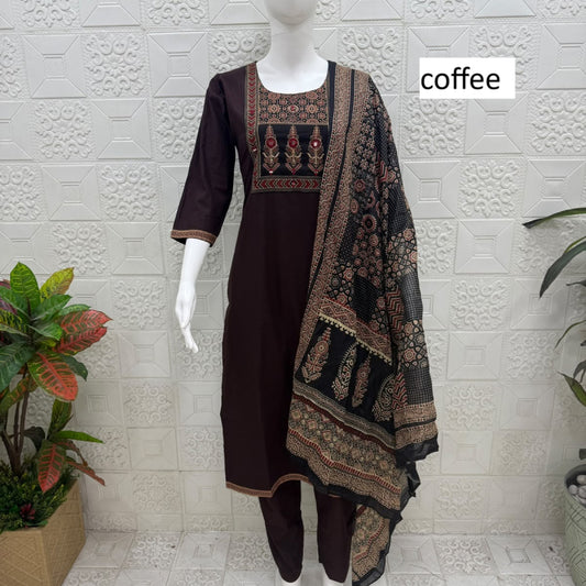 Women kurti with pant and dupatta |  Coffee print sets | DABUSET