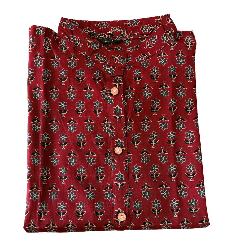 Women's Cotton Short Kurti | Collar Neck block print in maroon