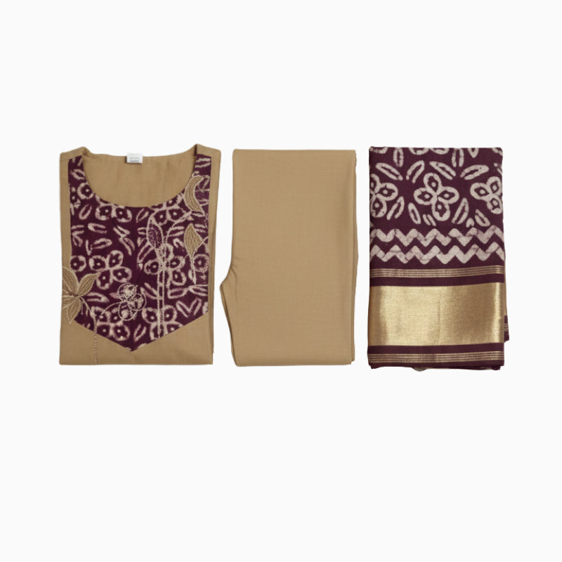 Women kurti with pant and dupatta | Straight cut | Cotton with batik patch and mirror embroidery