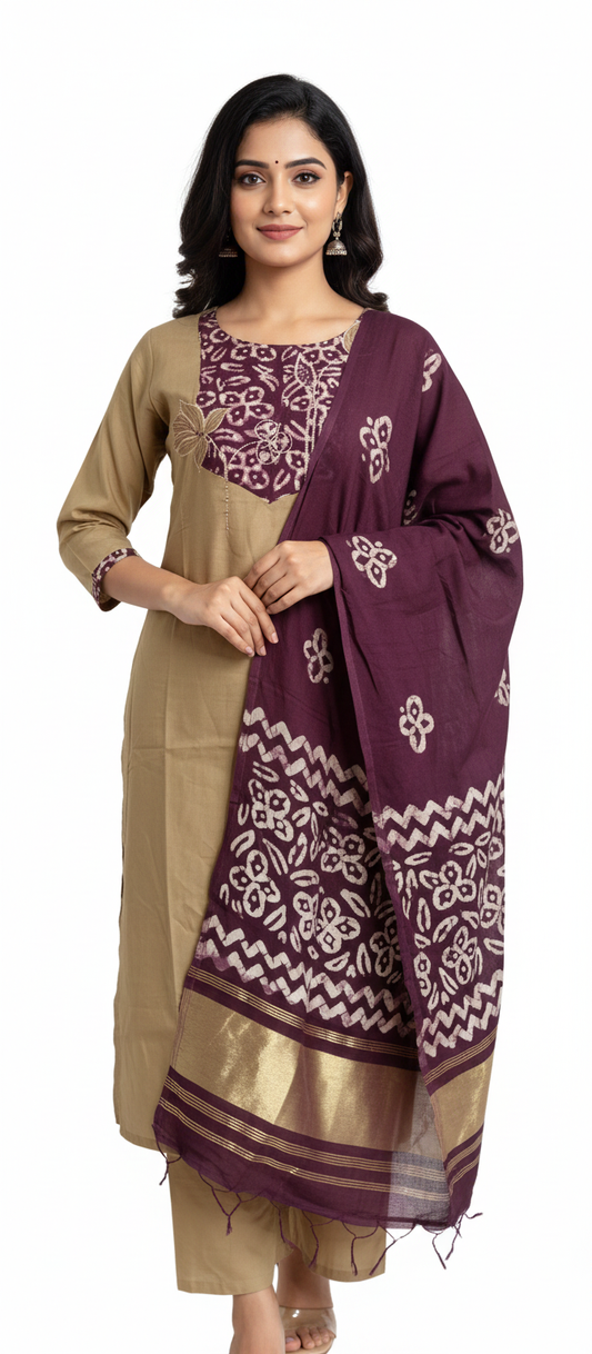 Women kurti with pant and dupatta | Straight cut | Cotton with batik patch and mirror embroidery