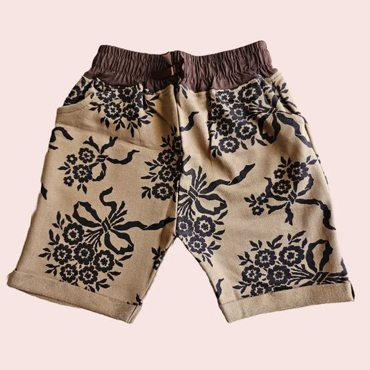 Girls Shorts | Dark brown flowers in light brown