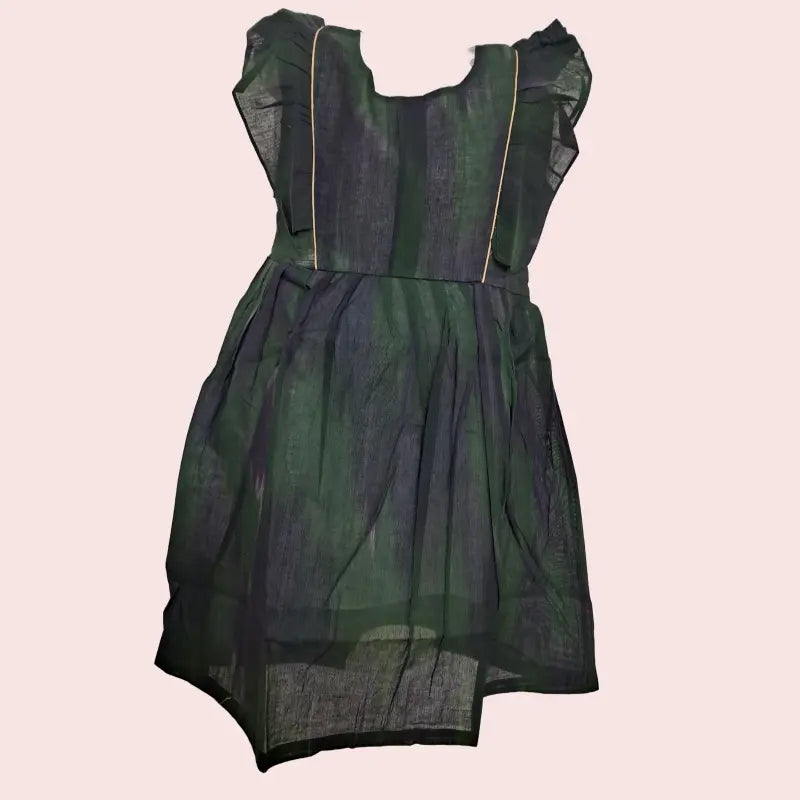 Cotton Ikkat Frocks | Dark green with light green and skin piping