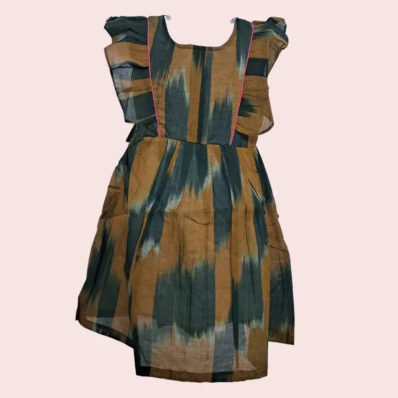 Cotton Ikkat Frocks | Dark green with mustard and carrot pink piping