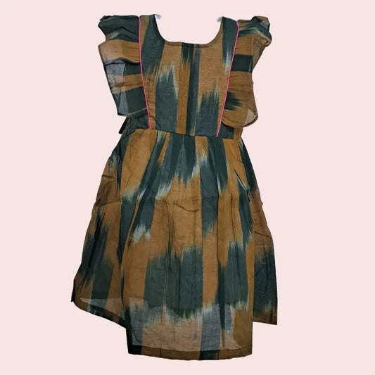 Cotton Ikkat Frocks | Dark green with mustard and carrot pink piping