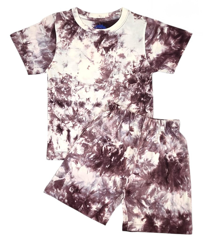 Premium| T-shirt with Shorts sets| tiedyeset | BSET |Dark Purple with white mixed print (Copy)