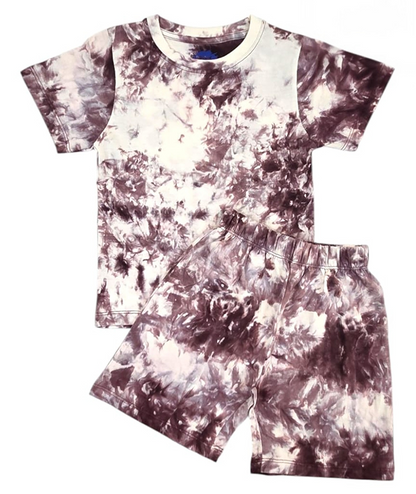 Premium| T-shirt with Shorts sets| tiedyeset | BSET |Dark Purple with white mixed print (Copy)