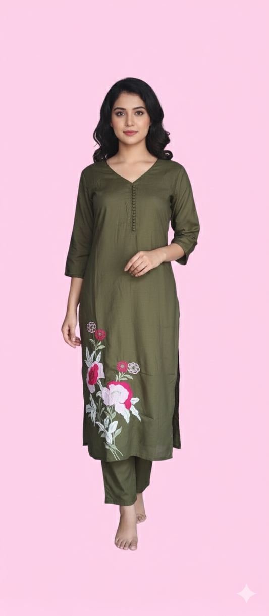 Women kurti with pant | Straight cut | Dark Green with design on one side