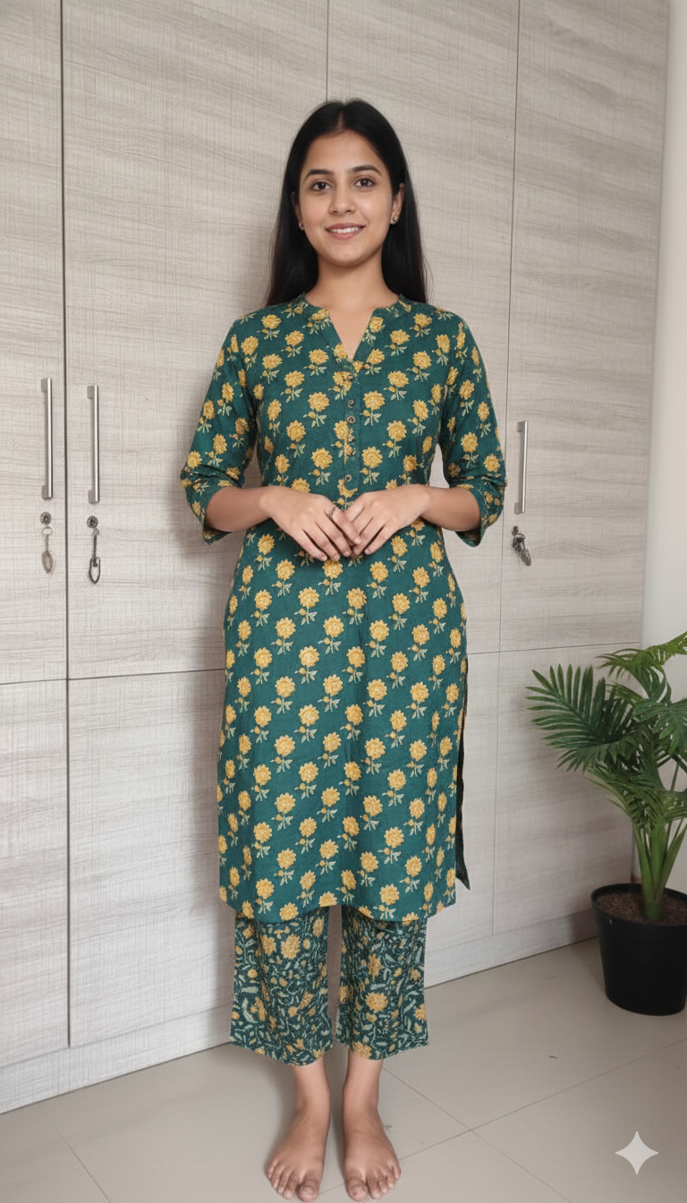 Women kurti with pant | Straight cut | Dark Green with mustard florals