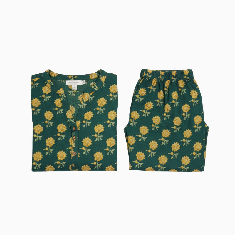 Women kurti with pant | Straight cut | Dark Green with mustard florals