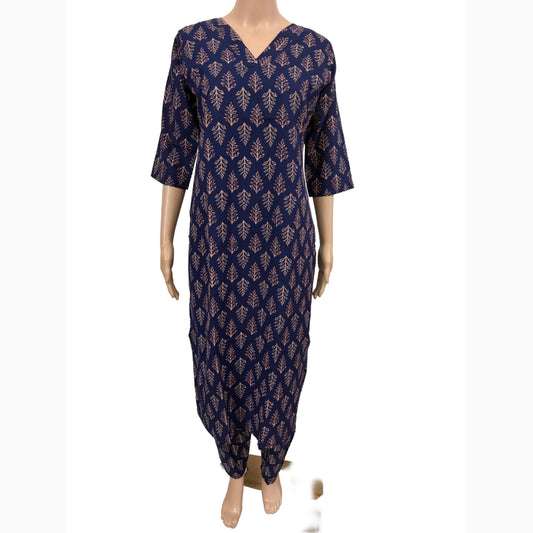 Women Co-Ord kurti with pant (Top with lining) | Navy Blue Leafy Print