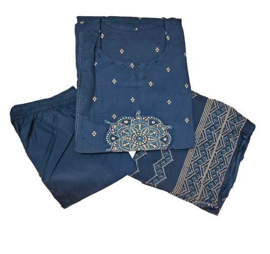 Women kurti with pant and dupatta |  Deep Tale Blue with Bhandhani print