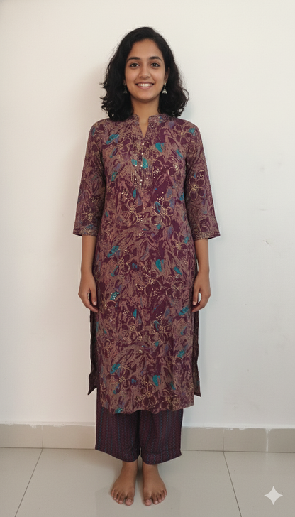 Women kurti with pant| Straight cut | Wine color with rama green patches