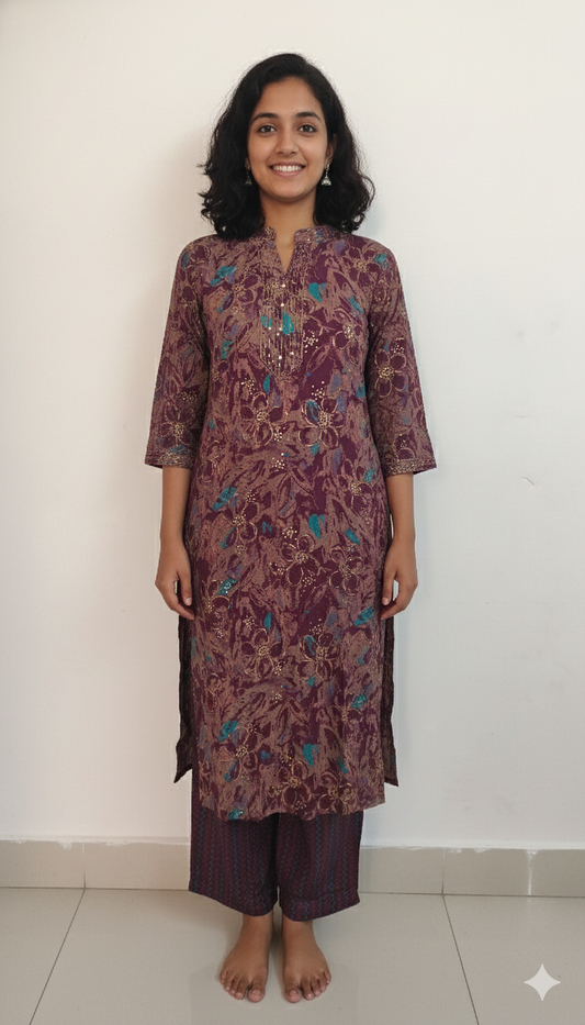 Women kurti with pant| Straight cut | Wine color with rama green patches