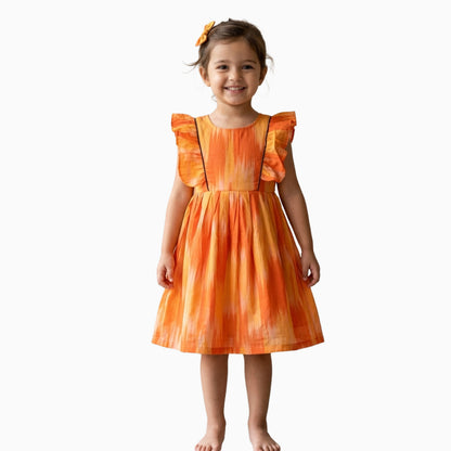Cotton Ikkat Frocks | Dark Orange with light orange and black piping