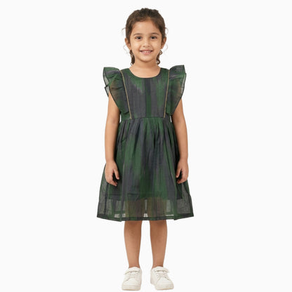 Cotton Ikkat Frocks | Dark green with light green and skin piping