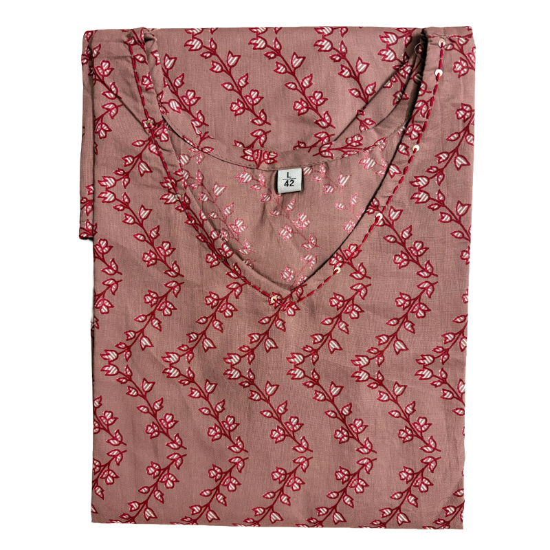 Women's Cotton Short Kurti | Dark onion base with florals on zigzag