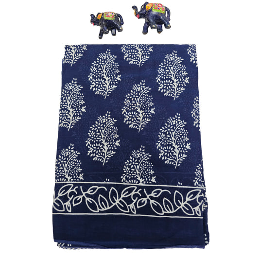 Mul Mul Cotton Saree | Tree bhutta in Navy